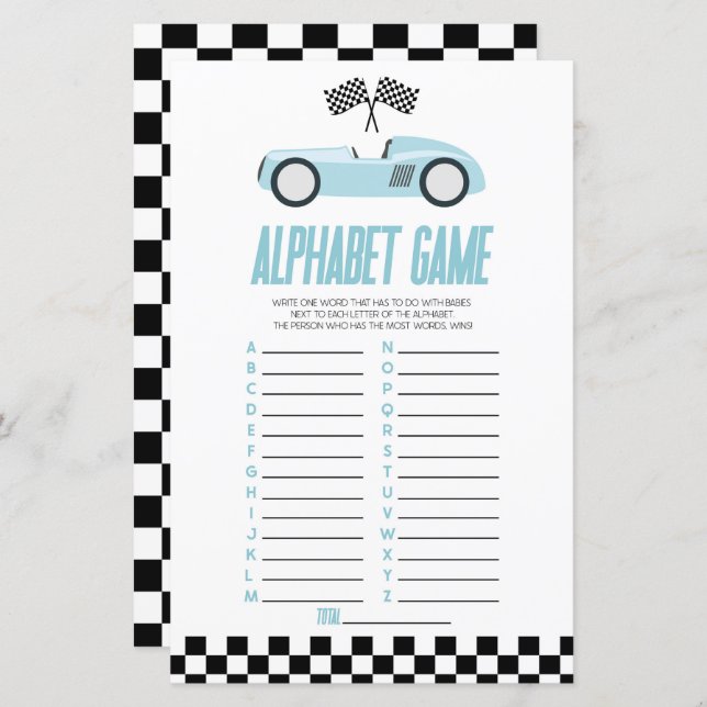 Lámina Juego de Baby Shower Blue Race Car Alphabet (Anverso / Reverso)