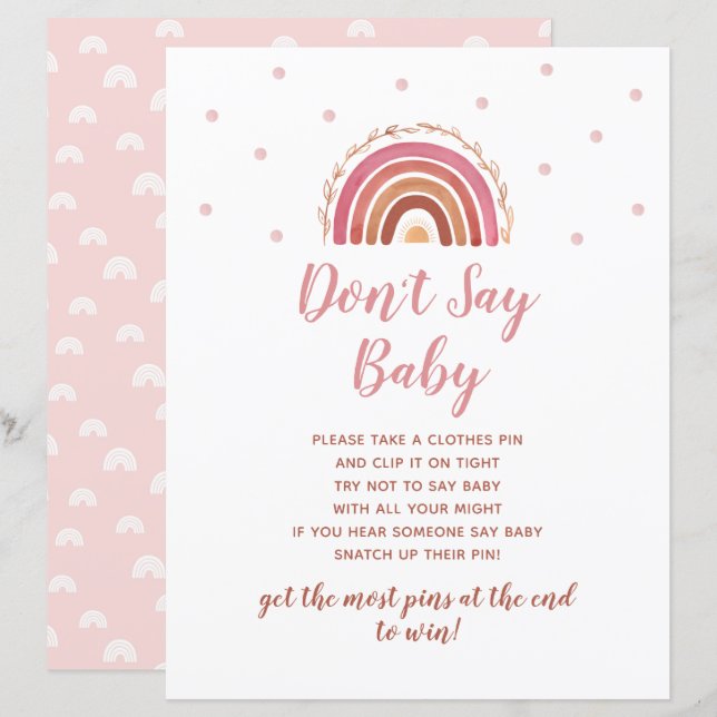 Lámina Juego de Baby Shower Boho Arcoíris No Digas Bebé (Anverso / Reverso)