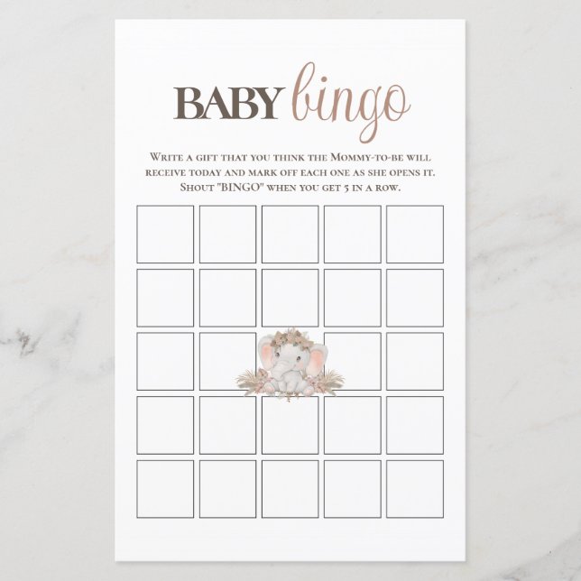 Lámina Juego de Baby Shower Boho Cute Elephant Baby Bingo (Anverso)
