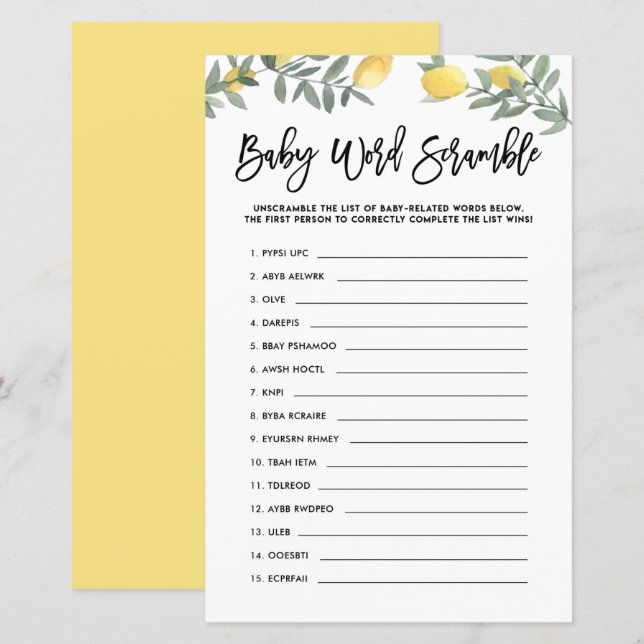 Lámina Juego de Baby Shower Boho Lemon Baby Word Scramble (Anverso / Reverso)