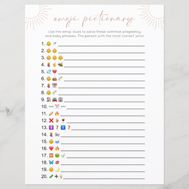 Lámina Juego de Baby Shower Boho Sun Emoji (Anverso)
