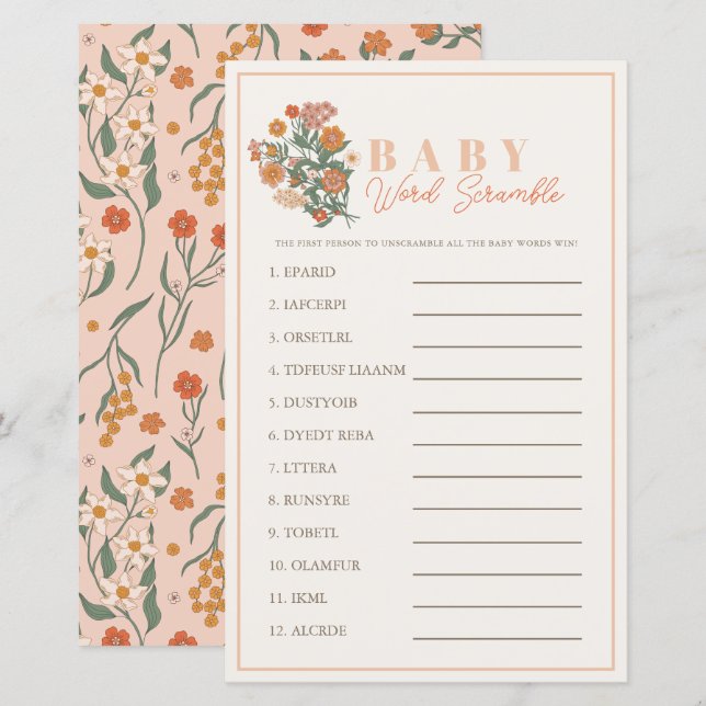 Lámina Juego de Baby Shower Boho Wildflower Word Scramble (Anverso / Reverso)