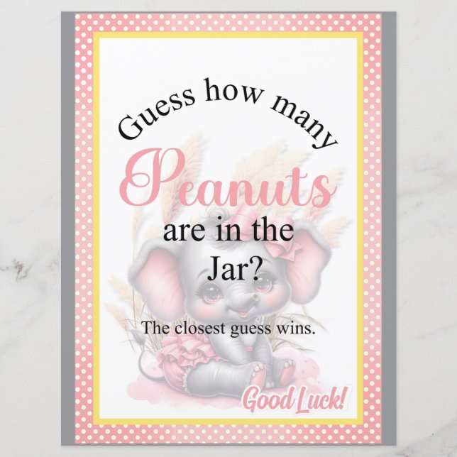 Lámina Juego de Baby Shower Candy Jar de Elefante Rosa Du (Anverso)