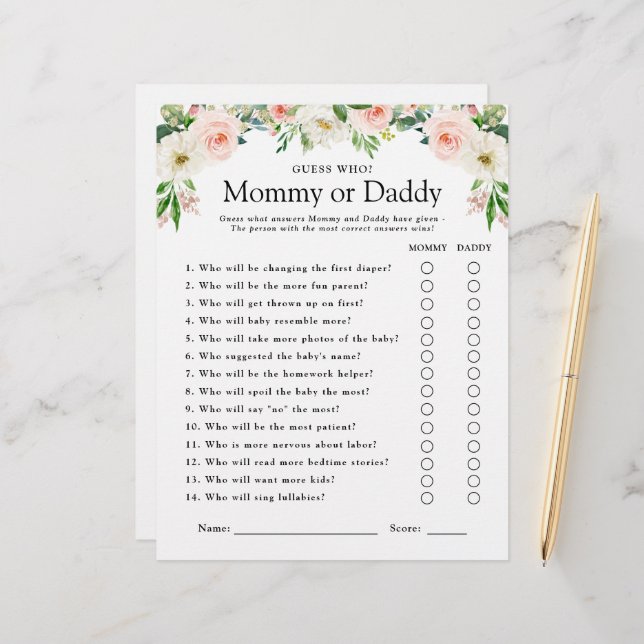 Lámina Juego de Baby Shower con flores rosadas Adivina qu (Anverso/Reverso In Situ)