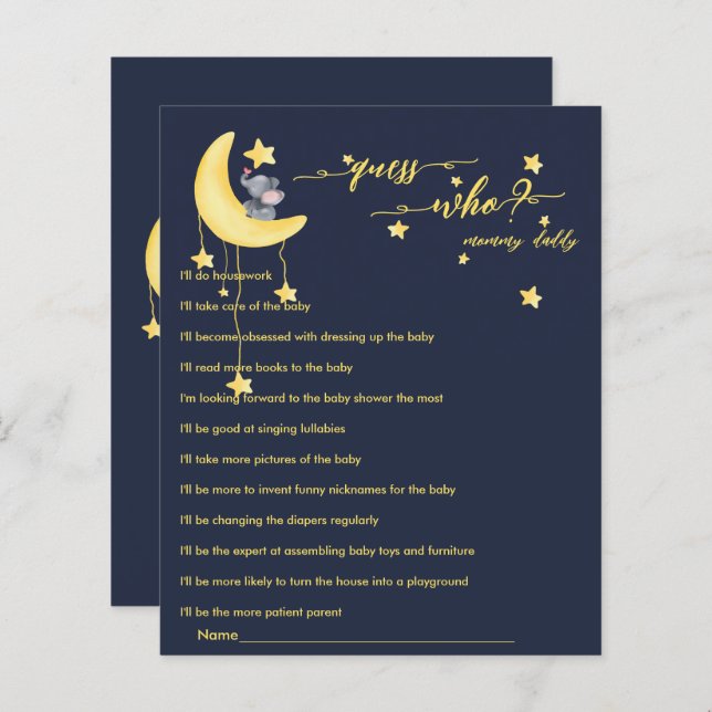 Lámina Juego de Baby Shower Cute Elefante y Pequeña Marip (Anverso / Reverso)