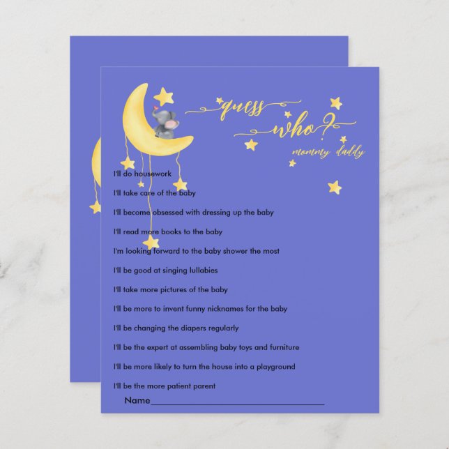 Lámina Juego de Baby Shower Cute Elefante y Pequeña Marip (Anverso / Reverso)