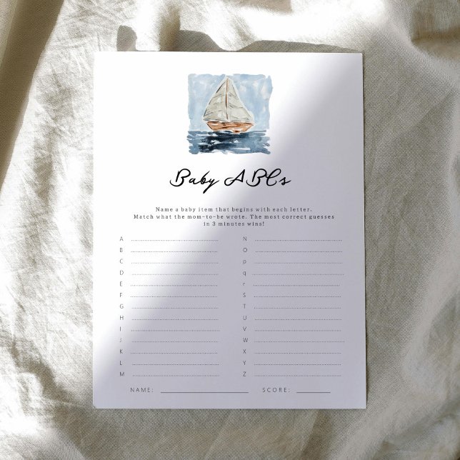 Lámina Juego de Baby Shower de ABC en barco náutico (Nautical watercolor sailboat chic baby shower baby ABCs letter game.)