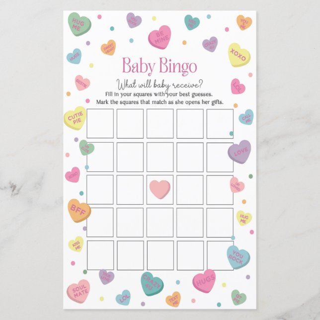 Lámina Juego de Baby Shower de Bingo Candy Baby (Anverso)