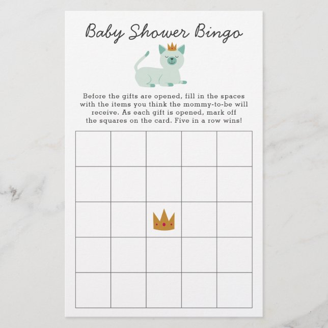 Lámina Juego de Baby Shower de Bingo de Gato Príncipe (Anverso)