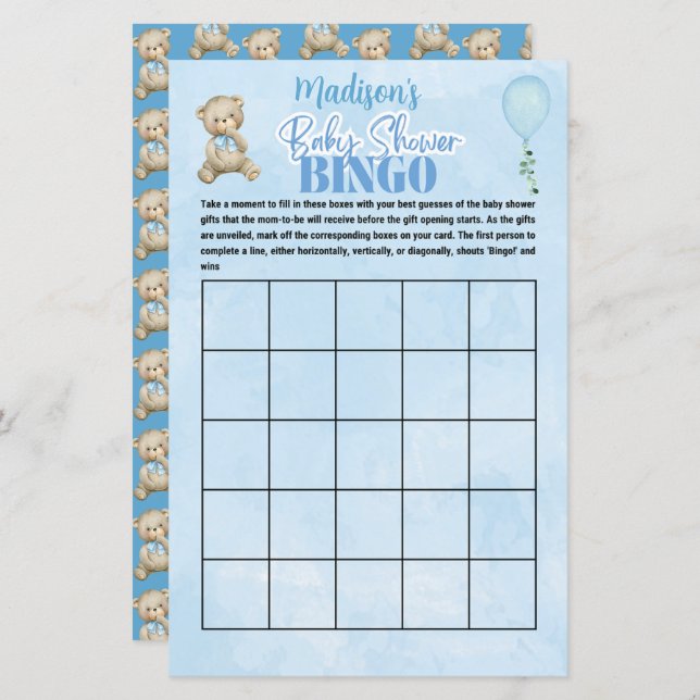 Lámina Juego de Baby Shower de bingo de oso para niños pe (Anverso / Reverso)