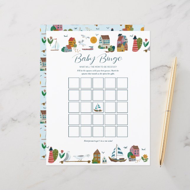 Lámina Juego de Baby Shower de Bingo Náutico Costero (Anverso/Reverso In Situ)