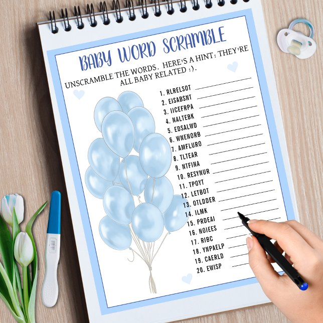 Lámina Juego de Baby Shower de Blue Boy Balloon Word Scra (Blue Boy Balloon Word Scramble Baby Shower Game)