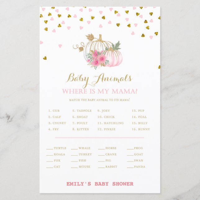 Lámina juego de Baby Shower de calabaza rosa y dorada (Anverso)