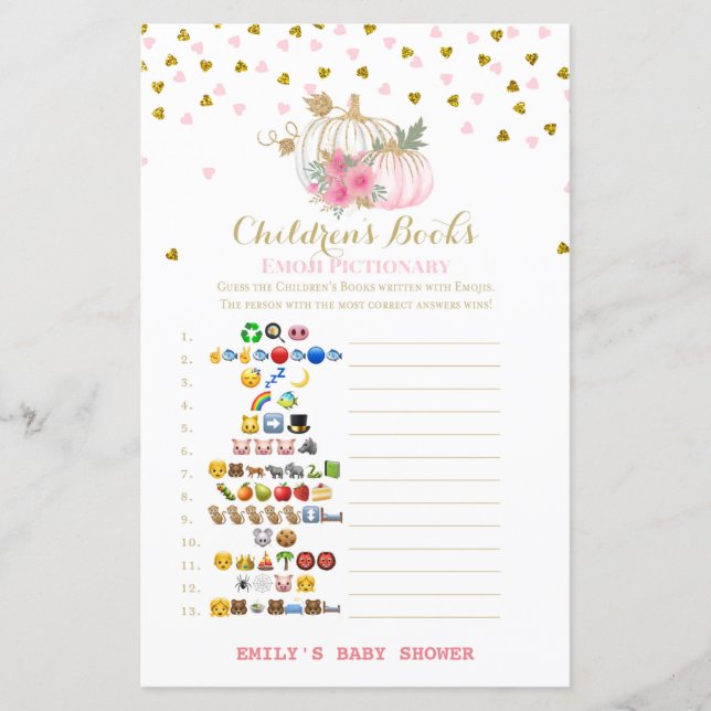 Lámina juego de Baby Shower de calabaza rosa y dorada (Anverso)