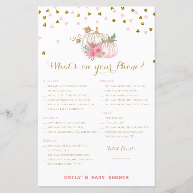 Lámina juego de Baby Shower de calabaza rosa y dorada (Anverso)