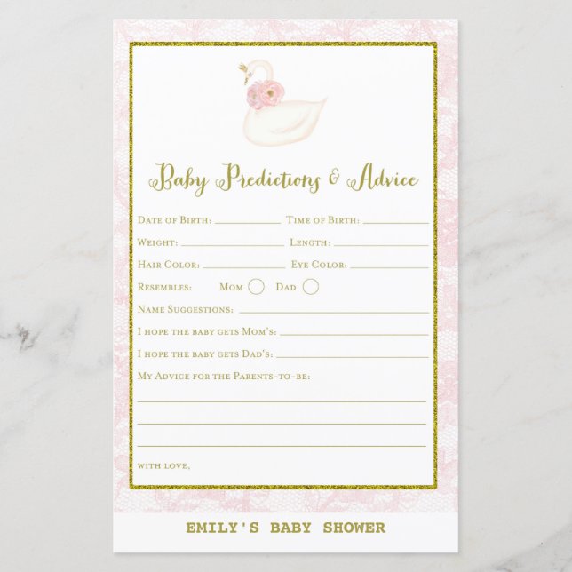 Lámina Juego de Baby Shower de Cisne IMPRESO (Anverso)