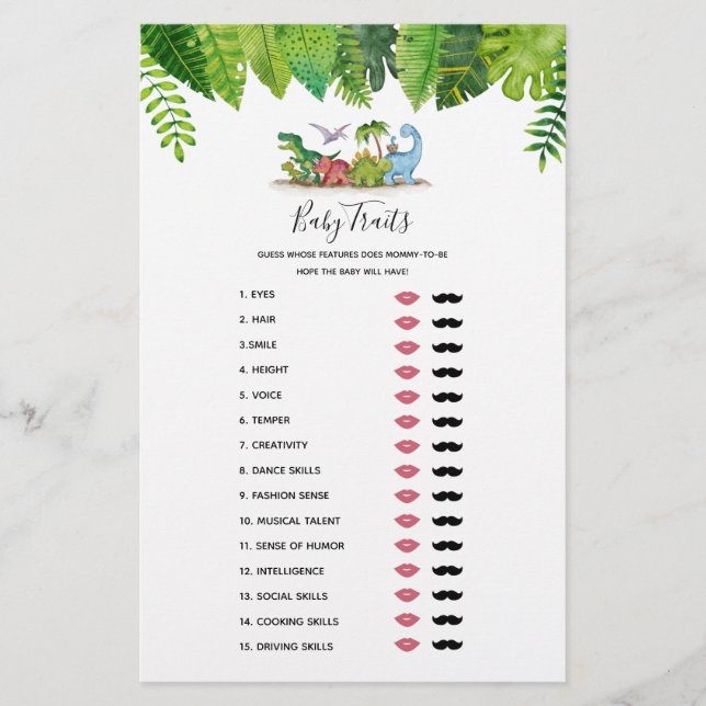 Lámina Juego de Baby Shower de dinosaurios sobre rasgos d (Anverso)