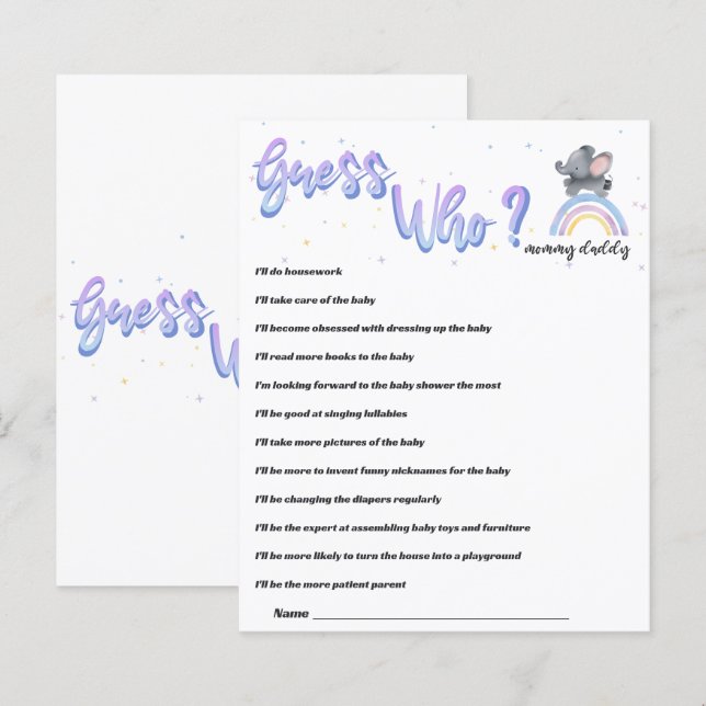 Lámina Juego de baby shower de elefante con arcoíris colo (Anverso / Reverso)
