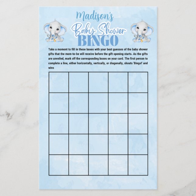 Lámina Juego de Baby Shower de Elephant Bingo para Niños  (Anverso)