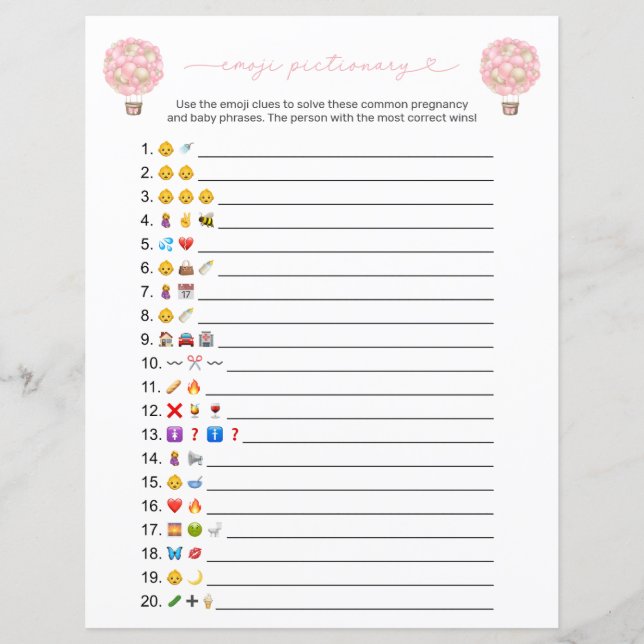 Lámina Juego de Baby Shower de Emoji de globo aerostático (Anverso)