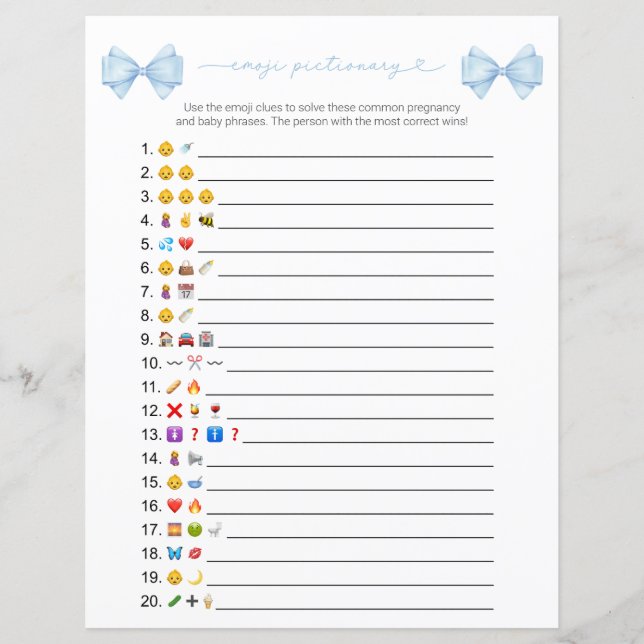 Lámina Juego de Baby Shower de Emoji moderna Blue Bow (Anverso)