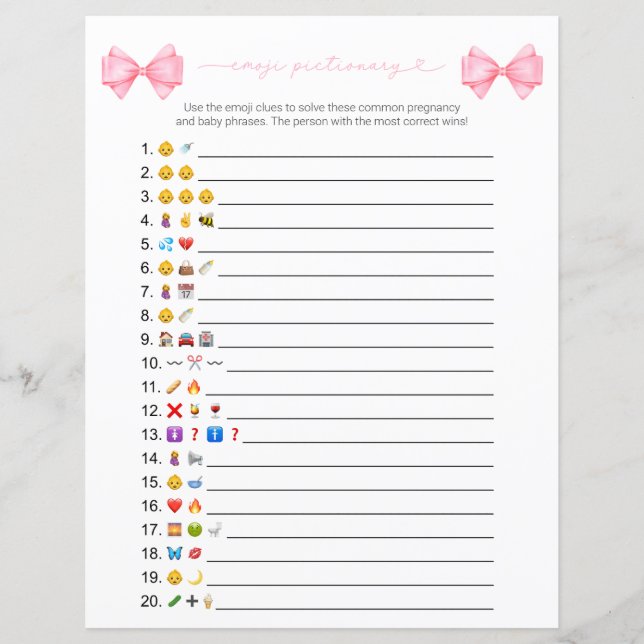 Lámina Juego de Baby Shower de Emoji moderna de Bow rosa (Anverso)