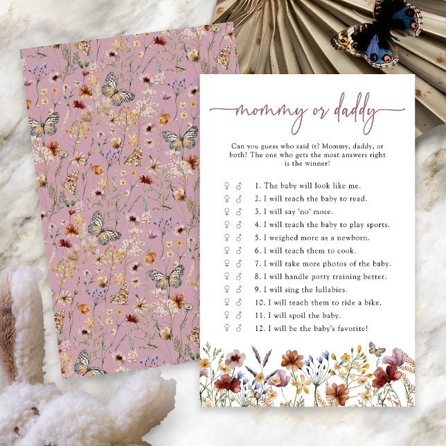 Lámina Juego de Baby Shower de Flores Silvestres Boho Ros (Dusty Pink Boho Wildflower Baby Shower Game with Butterfly by Painted Paperie
)