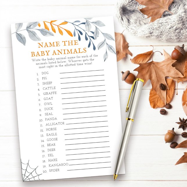 Lámina Juego de Baby Shower de Halloween Baby Animals (Baby Animals halloween themed baby shower game with fall leaves and cobweb)