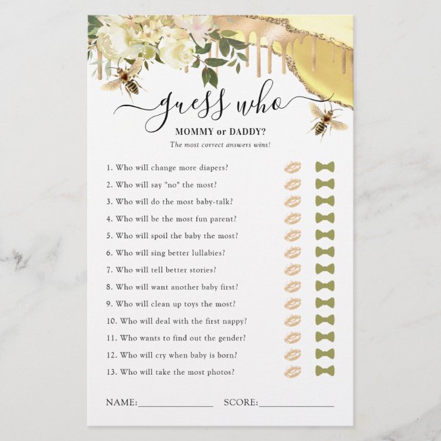 Lámina Juego de Baby Shower de Honey Bee Guessing (Anverso)