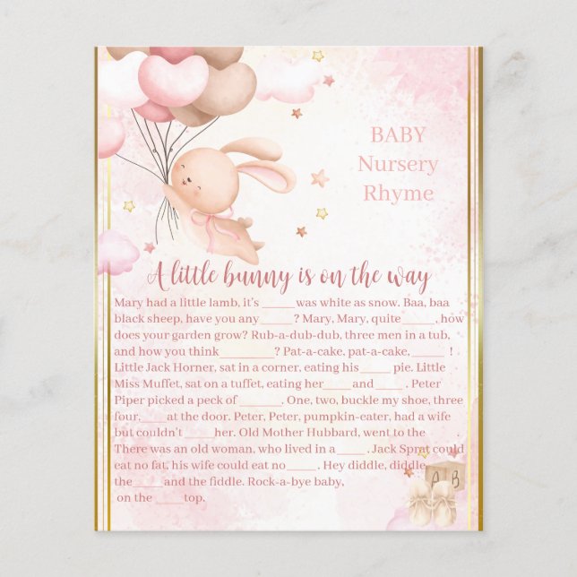 Lámina Juego de Baby Shower de la Bebé Coneja (Anverso)