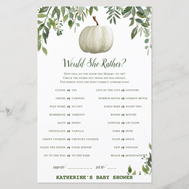 Lámina Juego de Baby Shower de la calabaza verde IMPRESO (Anverso)