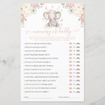 Juego de Baby Shower de la niña elefante Mamá o Pa