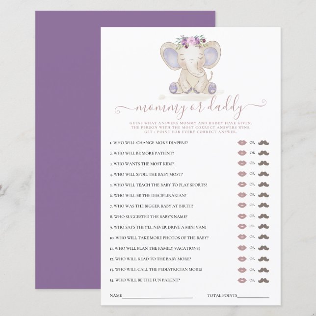 Lámina Juego de Baby Shower de mami o Daddy Elephant Chic (Anverso / Reverso)