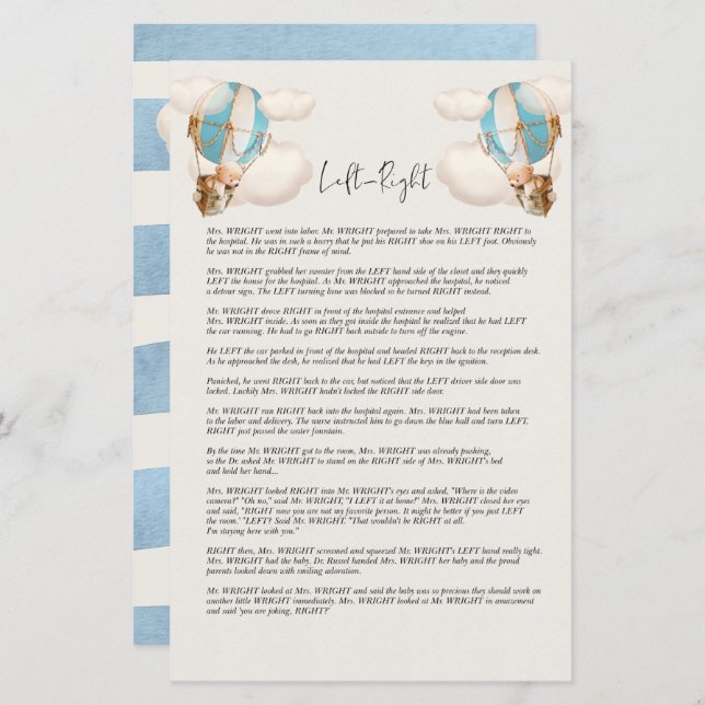 Lámina Juego de Baby Shower de oso - Izquierda y Derecha (Anverso / Reverso)