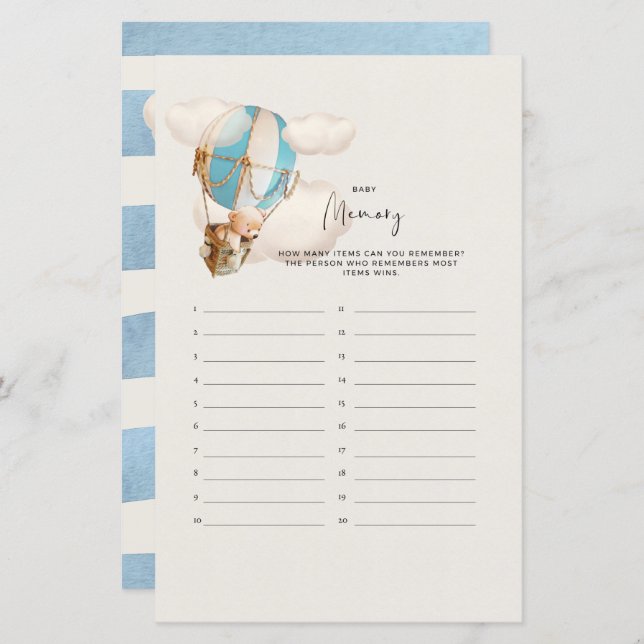 Lámina Juego de Baby Shower de oso - Memoria del bebé (Anverso / Reverso)