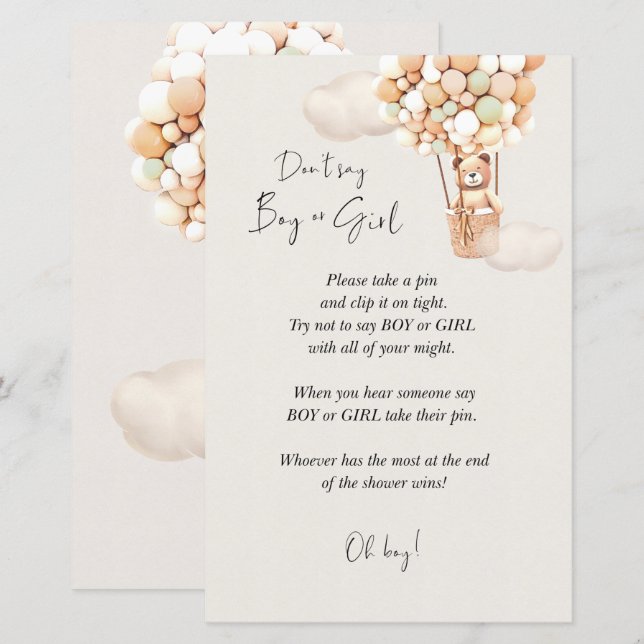 Lámina Juego de Baby Shower de oso - No digas chico o Chi (Anverso / Reverso)