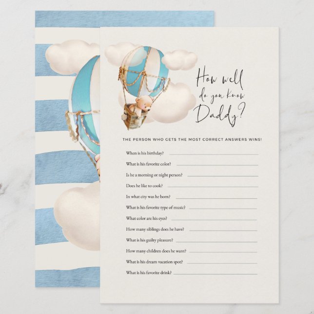 Lámina Juego de Baby Shower de Oso - ¿Qué tan bien conoce (Anverso / Reverso)