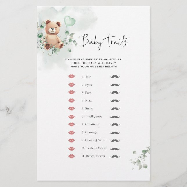 Lámina Juego de Baby Shower de oso - Rasgos para bebés (Anverso)