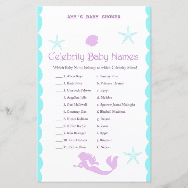 Lámina Juego de Baby Shower de Sirenita impreso (Anverso)