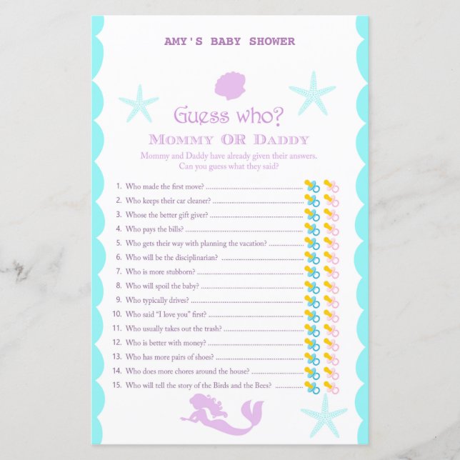 Lámina Juego de Baby Shower de Sirenita impreso (Anverso)