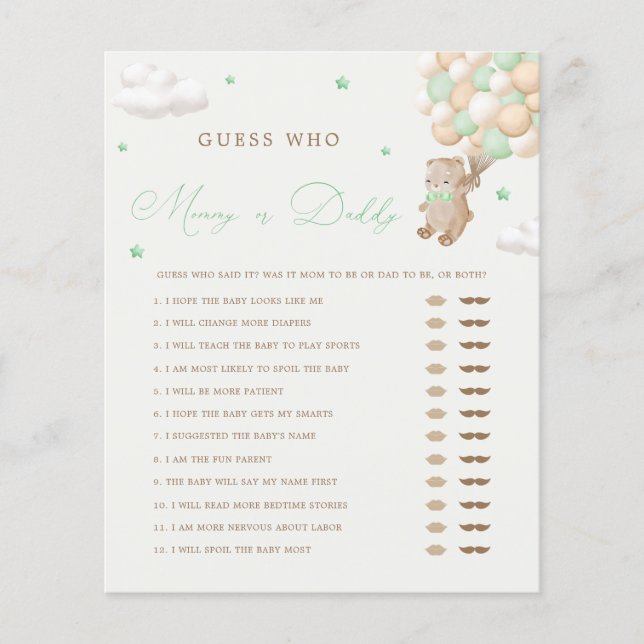 Lámina Juego de Baby Shower de Teddy Bear Green Mommy o D (Anverso)