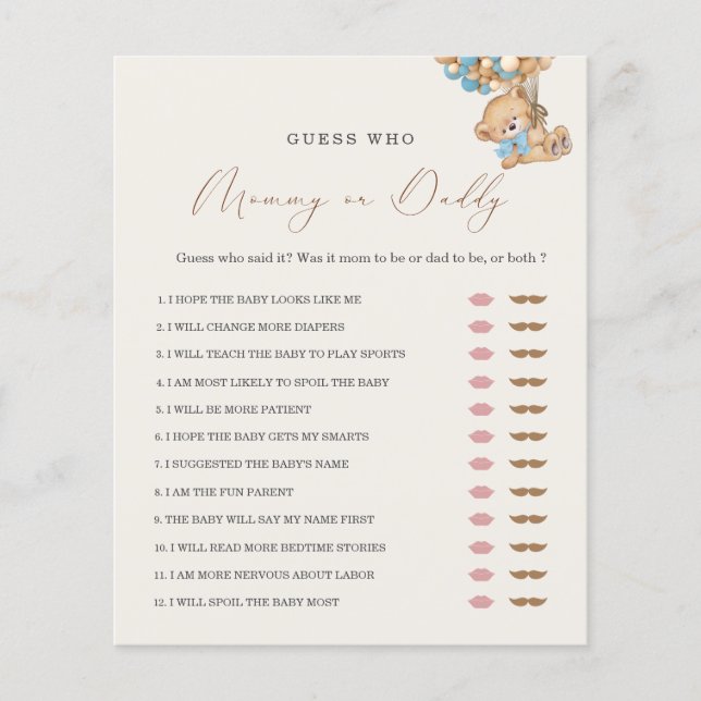Lámina Juego de Baby Shower de Teddy Bear Mami o Daddy (Anverso)