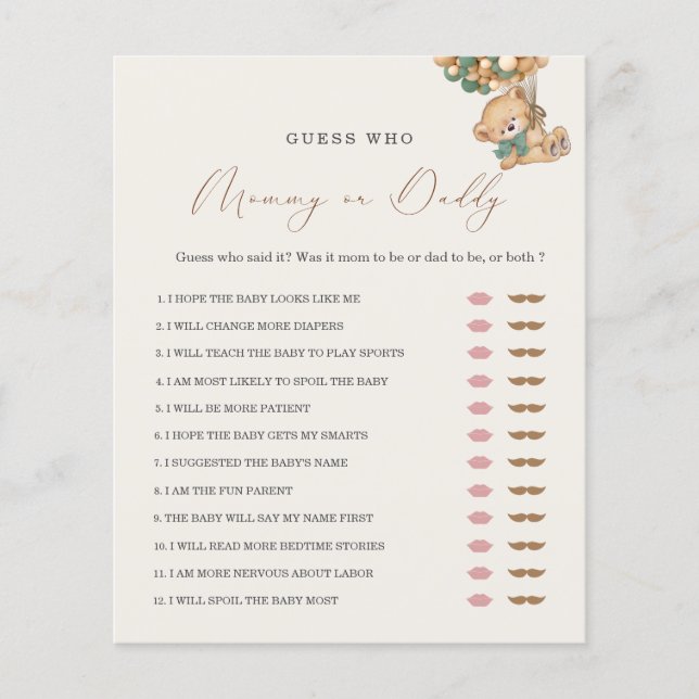 Lámina Juego de Baby Shower de Teddy Bear Mami o Daddy (Anverso)
