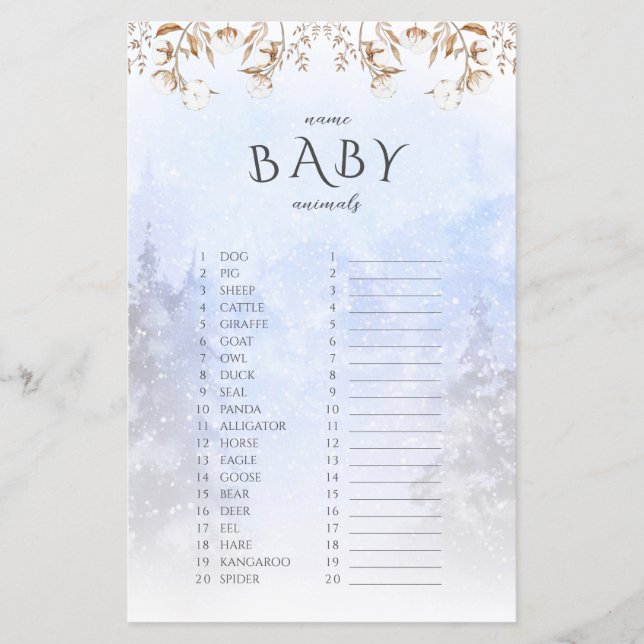 Lámina Juego de Baby Shower de Winter Name Baby Animals (Anverso)