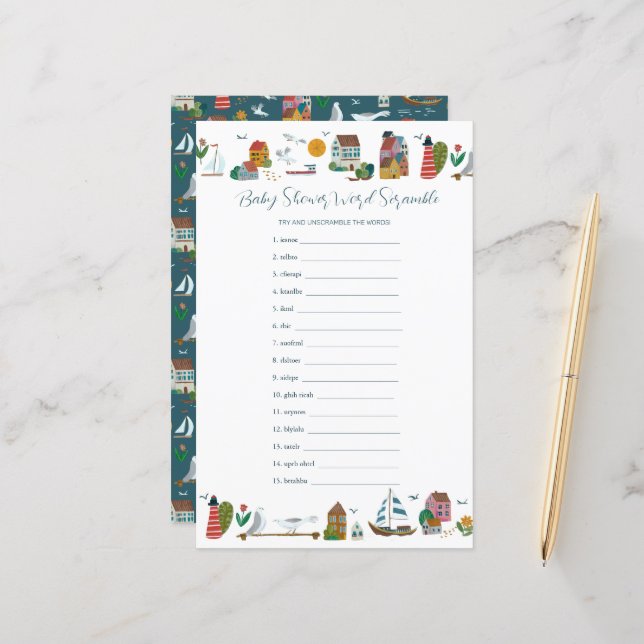 Lámina Juego de Baby Shower de Word Nautical Scramble (Anverso/Reverso In Situ)