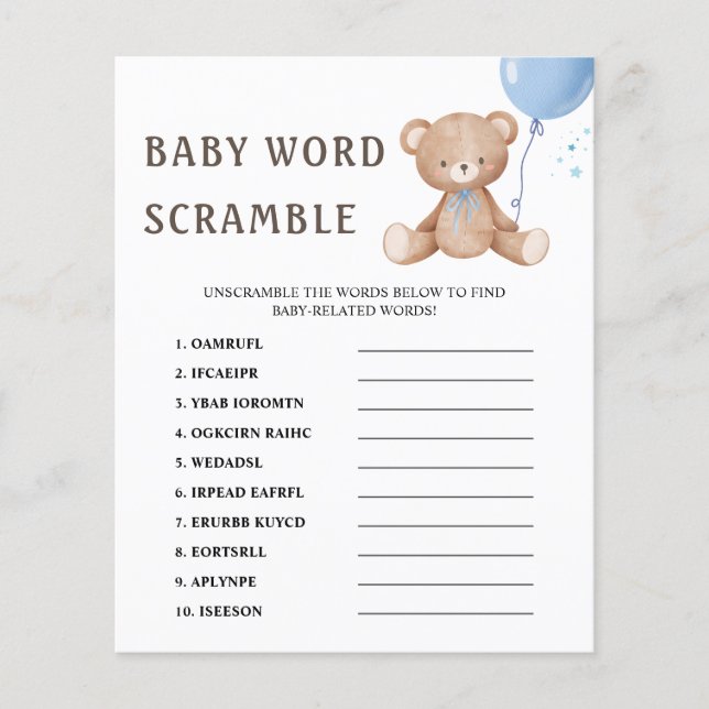 Lámina Juego de Baby Shower de Word Scramble Teddy Bear B (Anverso)