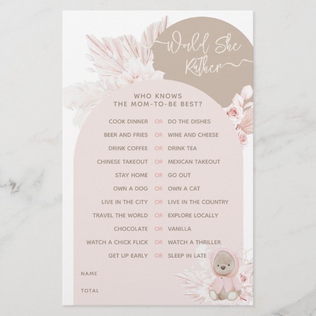 Lámina Juego de Baby Shower del Chica de Boho Moderno Ted (Anverso)