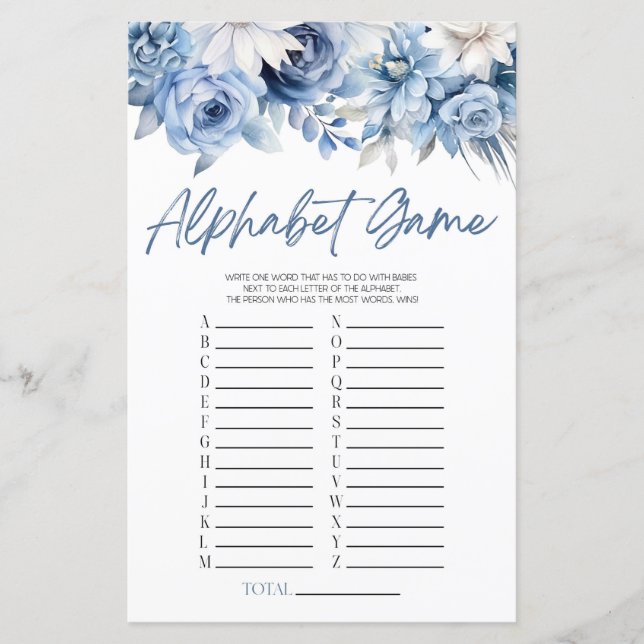 Lámina Juego de Baby Shower Dusty Blue Floral Alphabet (Anverso)