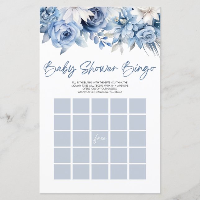 Lámina Juego de Baby Shower Dusty Blue Floral Bingo (Anverso)