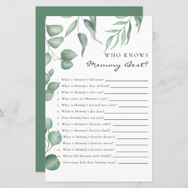 Lámina Juego de Baby Shower Eucalyptus que conoce mejor a (Anverso / Reverso)